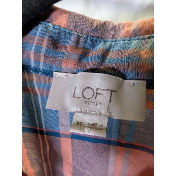 LOFT Dolman Plaid Short Sleeve Button Down Orange and Blue Top Size Medium - Picture 3 of 5
